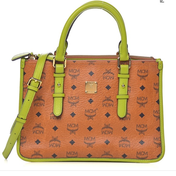 MCM Handbags - MCM Visetos Double Zip Tote Cognac Green